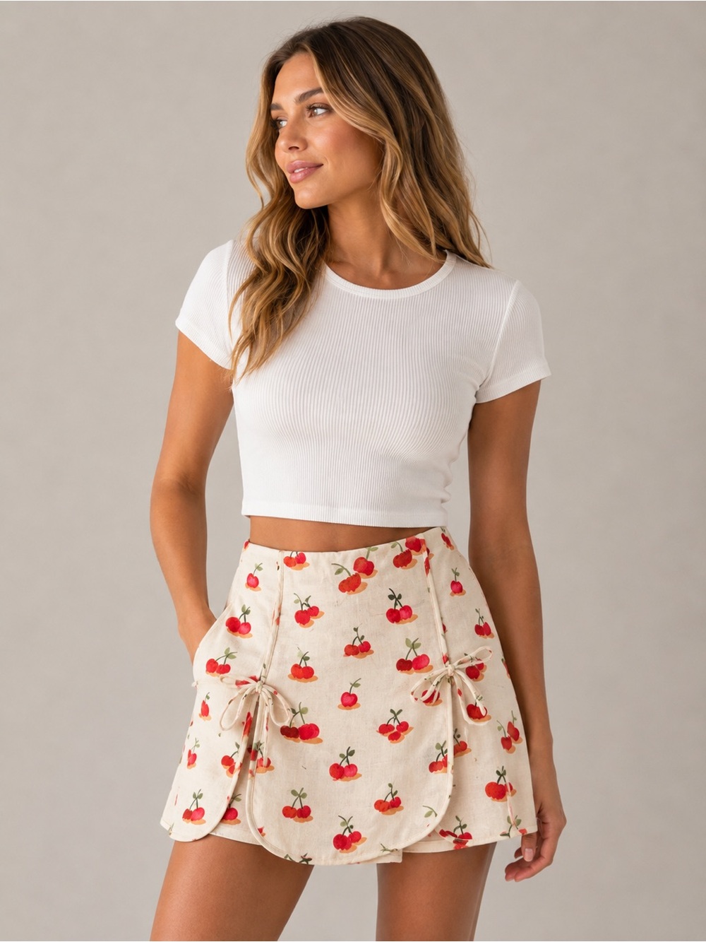 Anthropologie Cream Mini Skort with Red Cherry Print